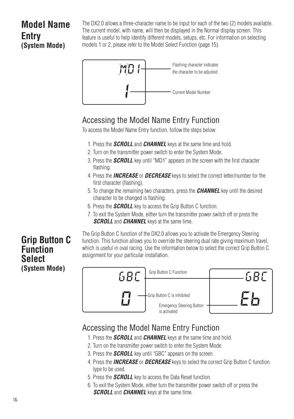 Model name entry, Grip button c function select | Spektrum SPM20200 DX2.0 User Manual | Page 16 / 32