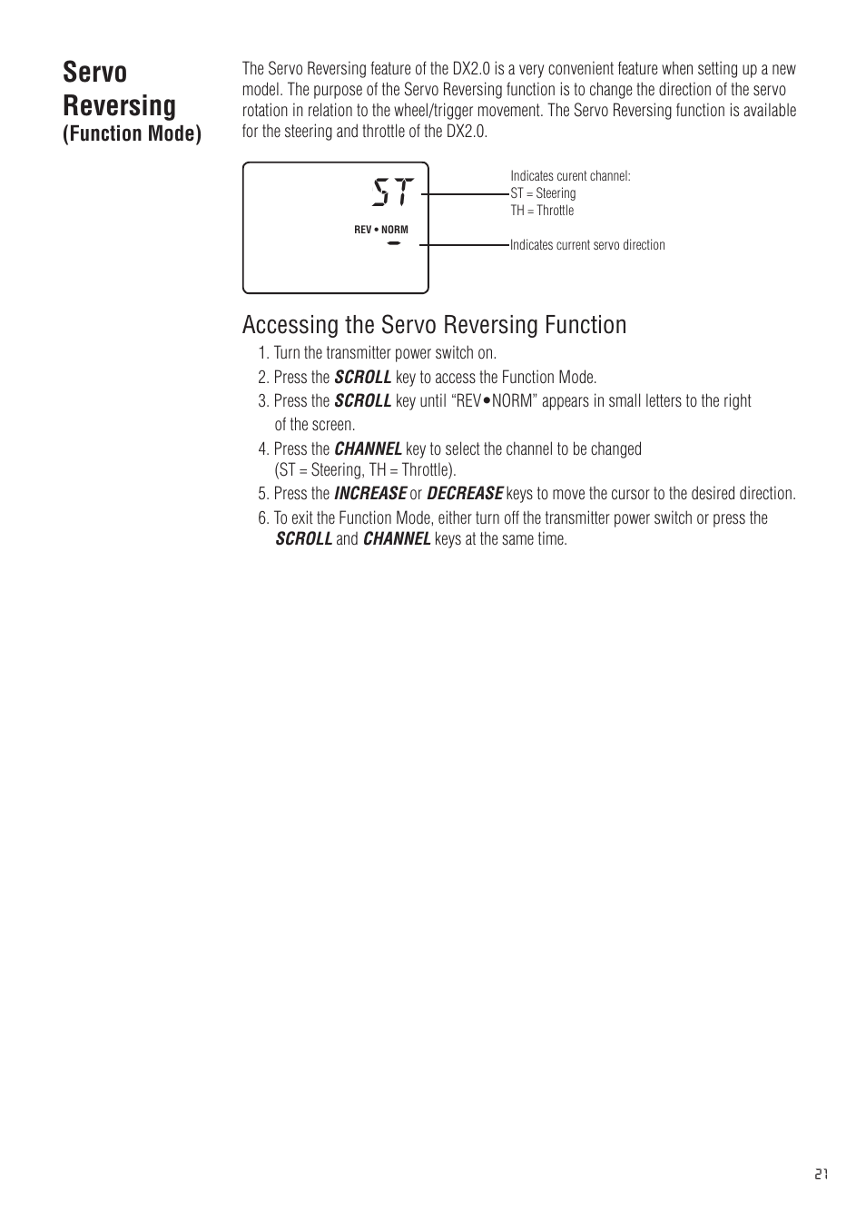 Servo reversing | Spektrum SPM20200 DX2.0 User Manual | Page 21 / 32