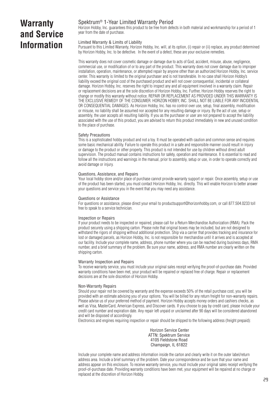 Warranty and service information, Spektrum, Year limited warranty period | Spektrum SPM20200 DX2.0 User Manual | Page 29 / 32