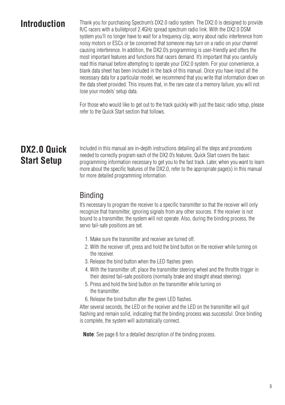 Introduction, Dx2.0 quick start setup, Binding | Spektrum SPM20200 DX2.0 User Manual | Page 3 / 32