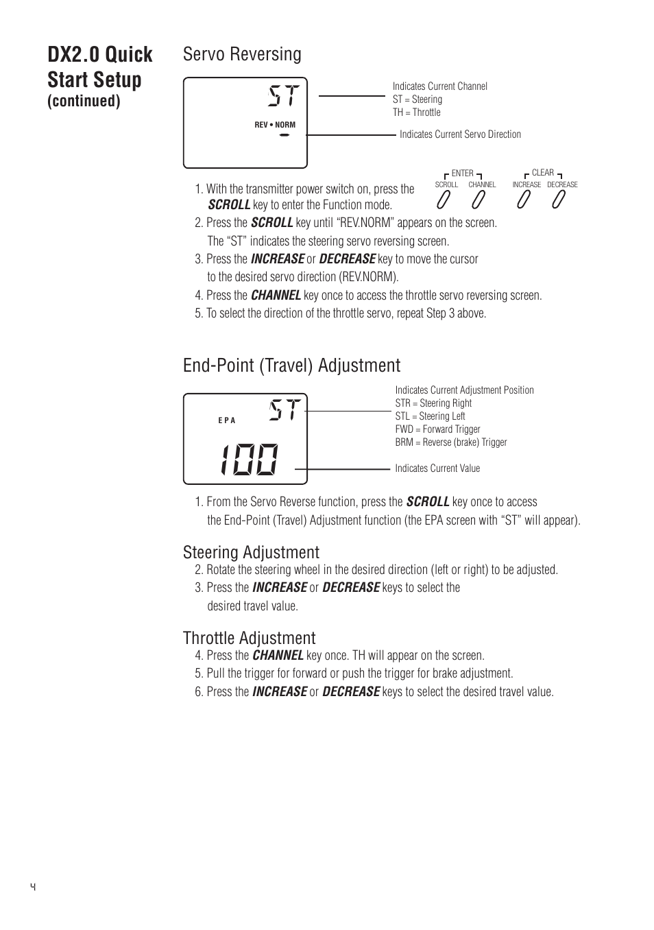 Dx2.0 quick start setup, Servo reversing, End-point (travel) adjustment | Spektrum SPM20200 DX2.0 User Manual | Page 4 / 32