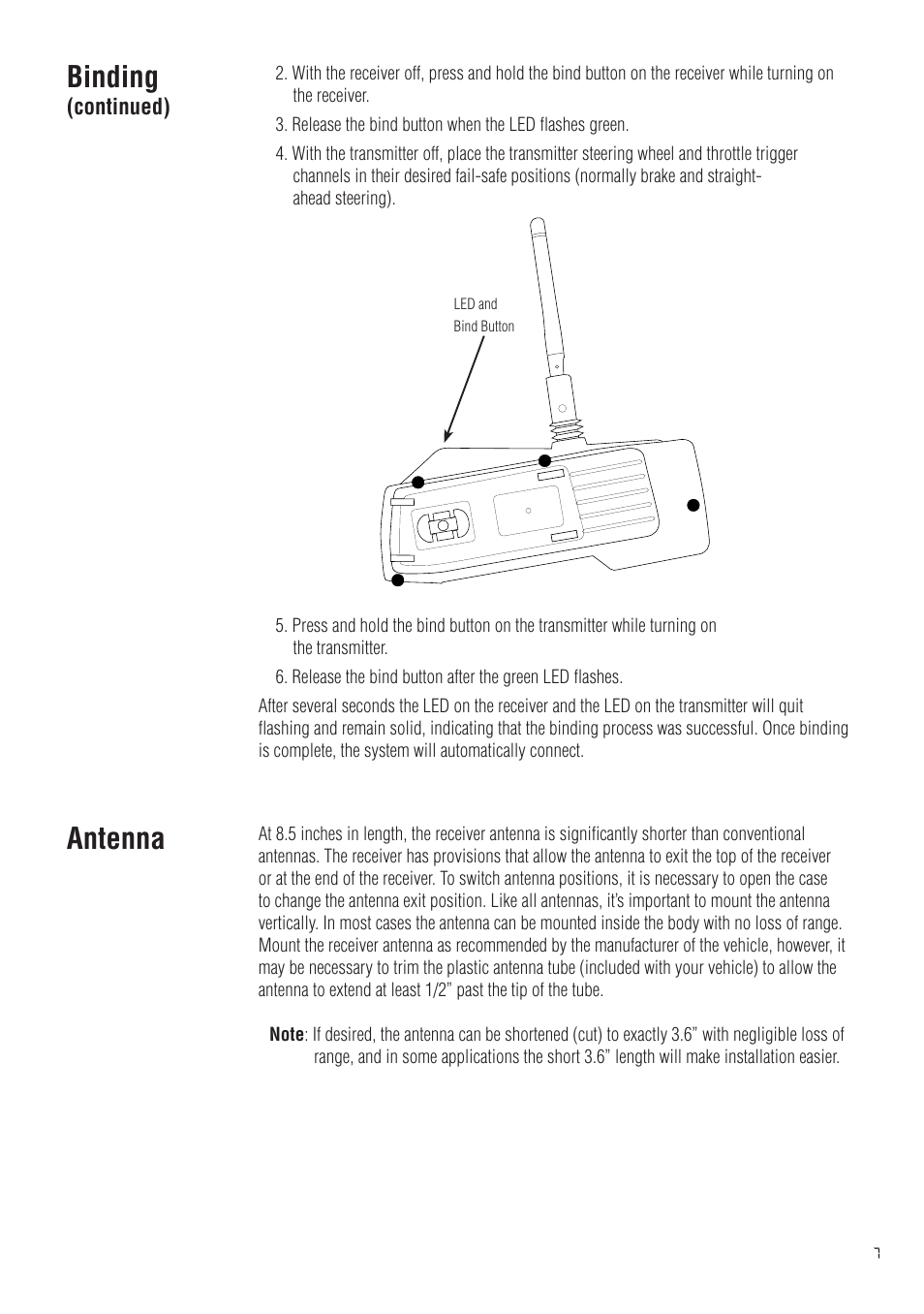 Antenna, Binding | Spektrum SPM20200 DX2.0 User Manual | Page 7 / 32
