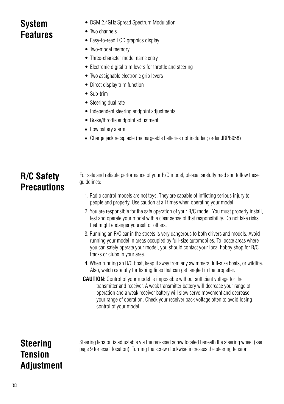 System features, R/c safety precautions, Steering tension adjustment | Spektrum SPM2020 DX2 User Manual | Page 10 / 32