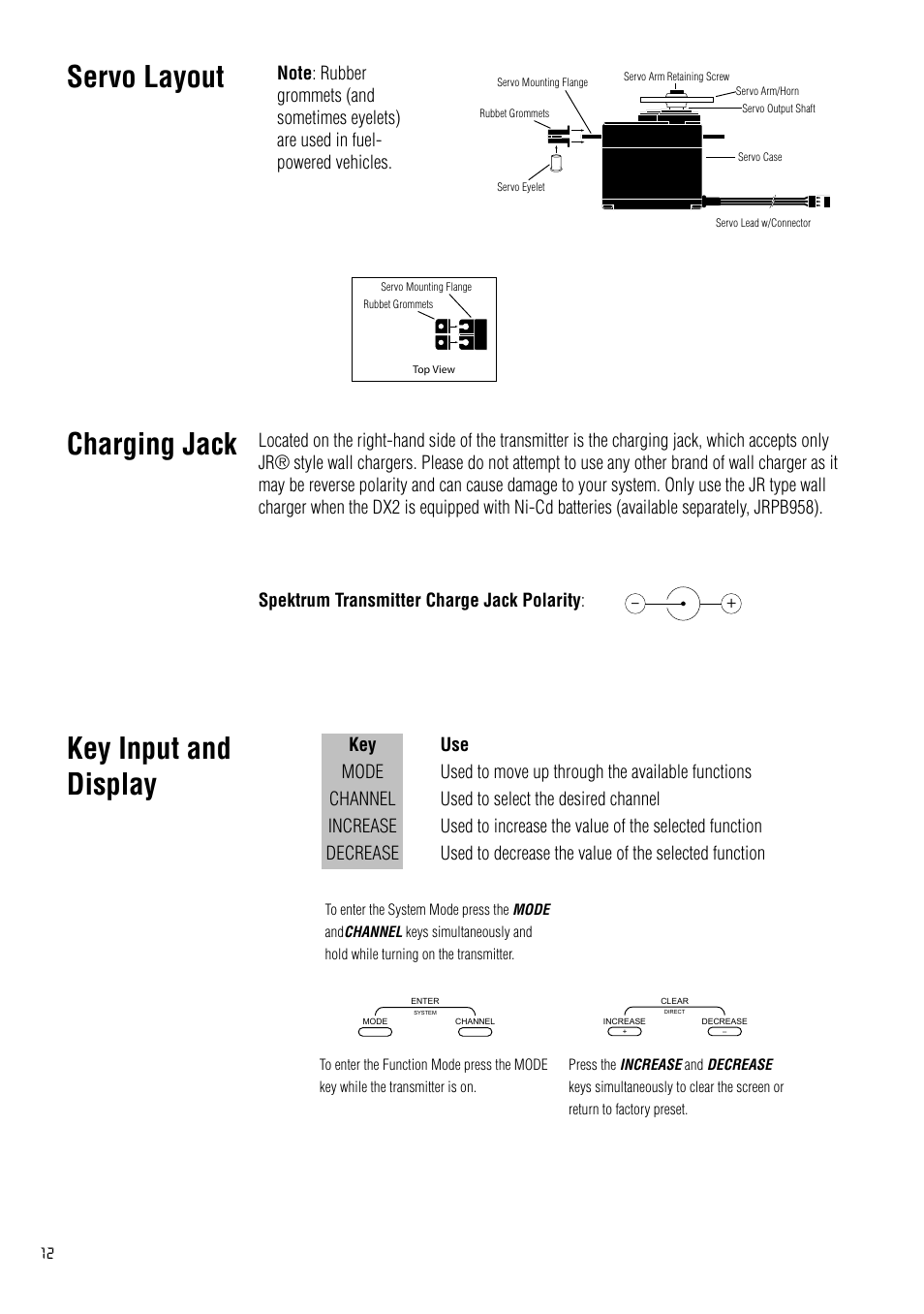 Servo layout, Charging jack, Key input and display | Servo layout charging jack key input and display | Spektrum SPM2020 DX2 User Manual | Page 12 / 32