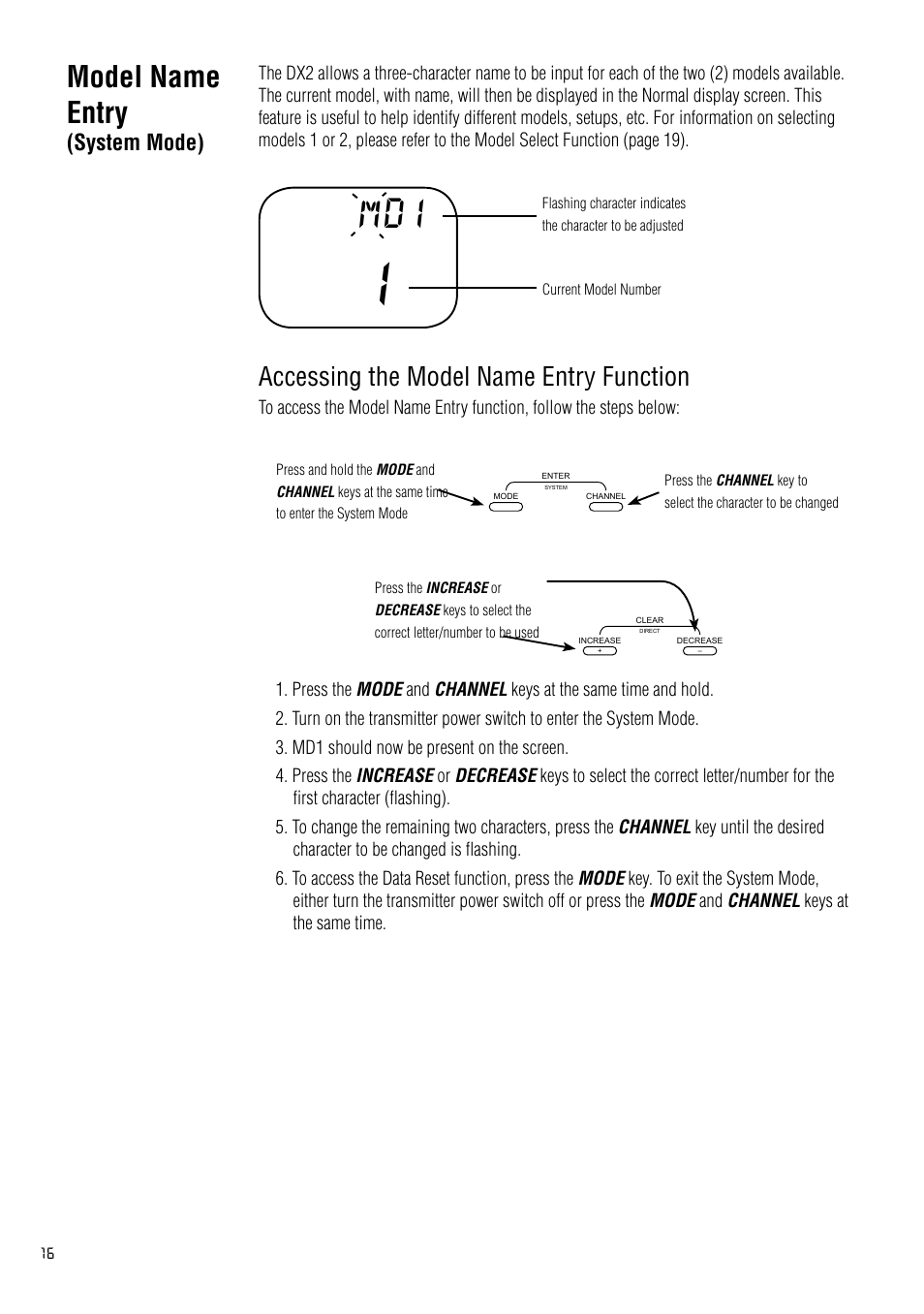 Model name entry(system mode), Model name entry (system mode), Model name entry | Accessing the model name entry function, System mode) | Spektrum SPM2020 DX2 User Manual | Page 16 / 32