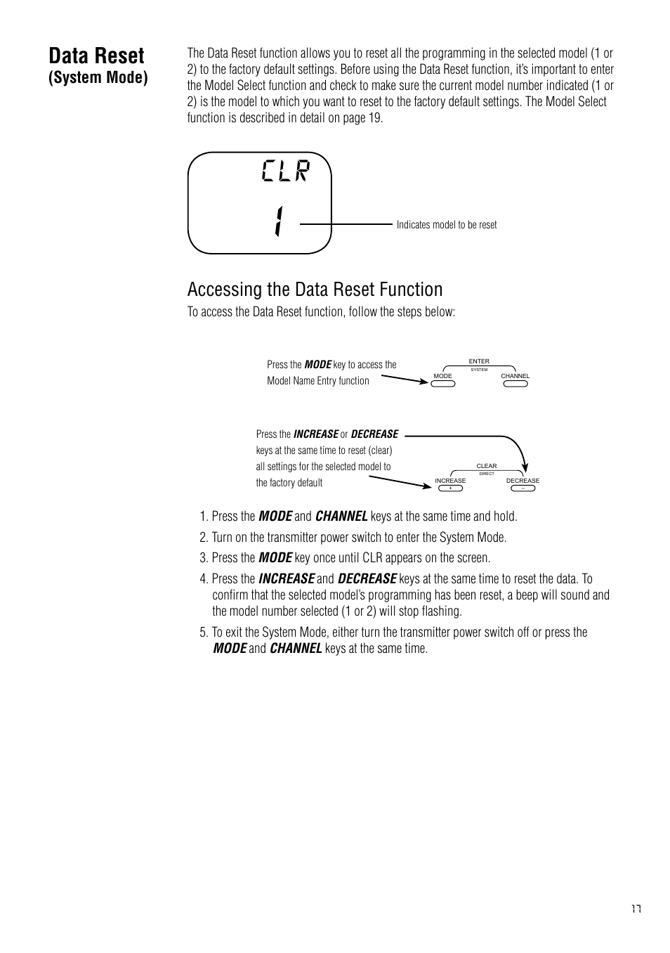 Data reset(system mode), Data reset (system mode), Data reset | Accessing the data reset function | Spektrum SPM2020 DX2 User Manual | Page 17 / 32