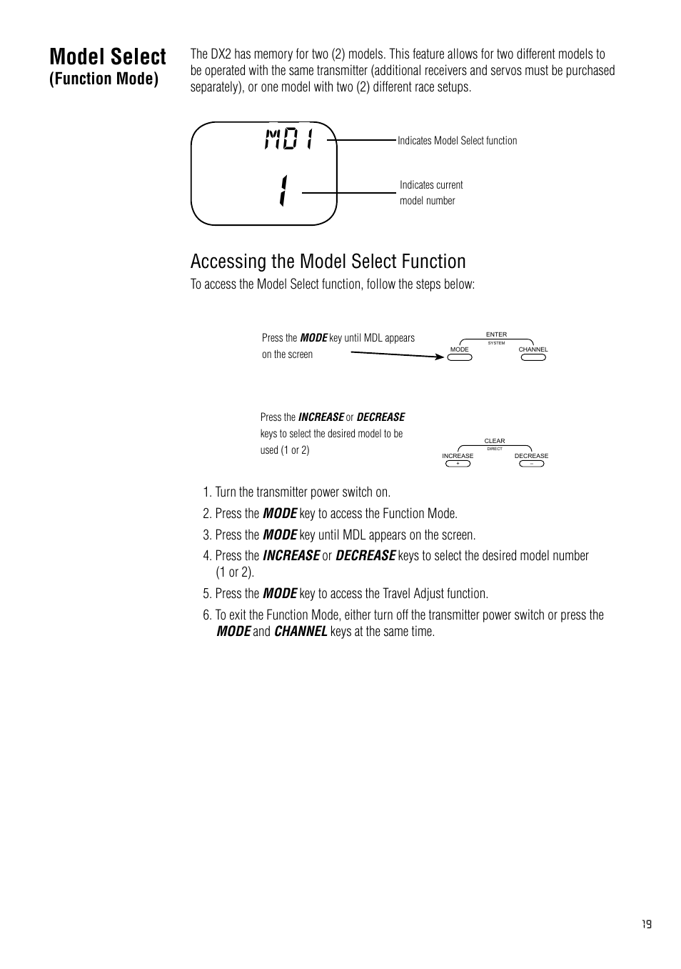 Model select(function mode), Model select (function mode), Model select | Accessing the model select function, Function mode) | Spektrum SPM2020 DX2 User Manual | Page 19 / 32
