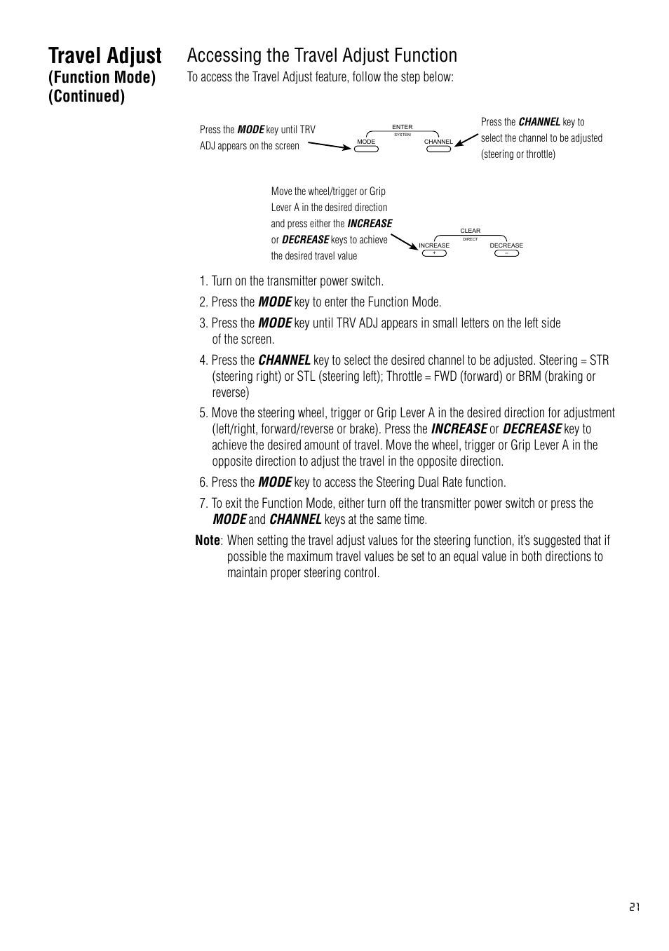 Travel adjust, Accessing the travel adjust function, Function mode) (continued) | Spektrum SPM2020 DX2 User Manual | Page 21 / 32