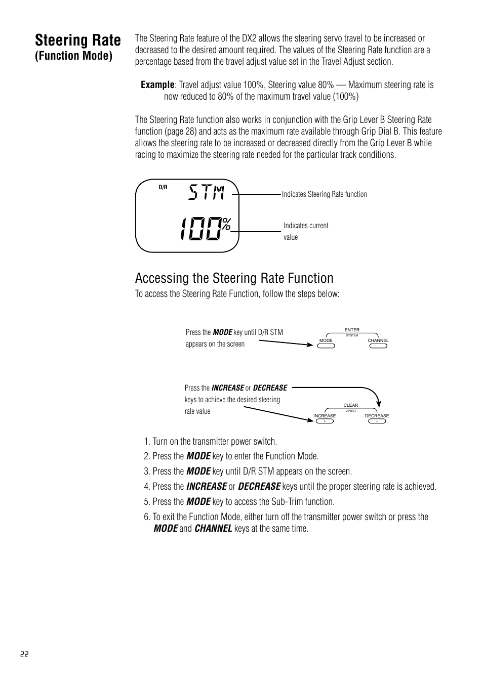 Steering rate(function mode), Steering rate (function mode), Steering rate | Accessing the steering rate function | Spektrum SPM2020 DX2 User Manual | Page 22 / 32