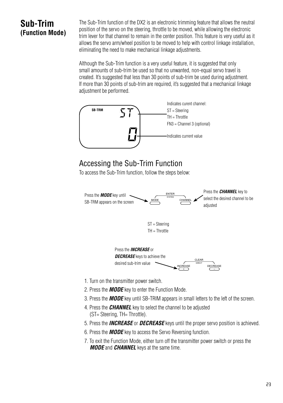 Sub-trim(function mode), Sub-trim (function mode), Sub-trim | Accessing the sub-trim function, Function mode) | Spektrum SPM2020 DX2 User Manual | Page 23 / 32