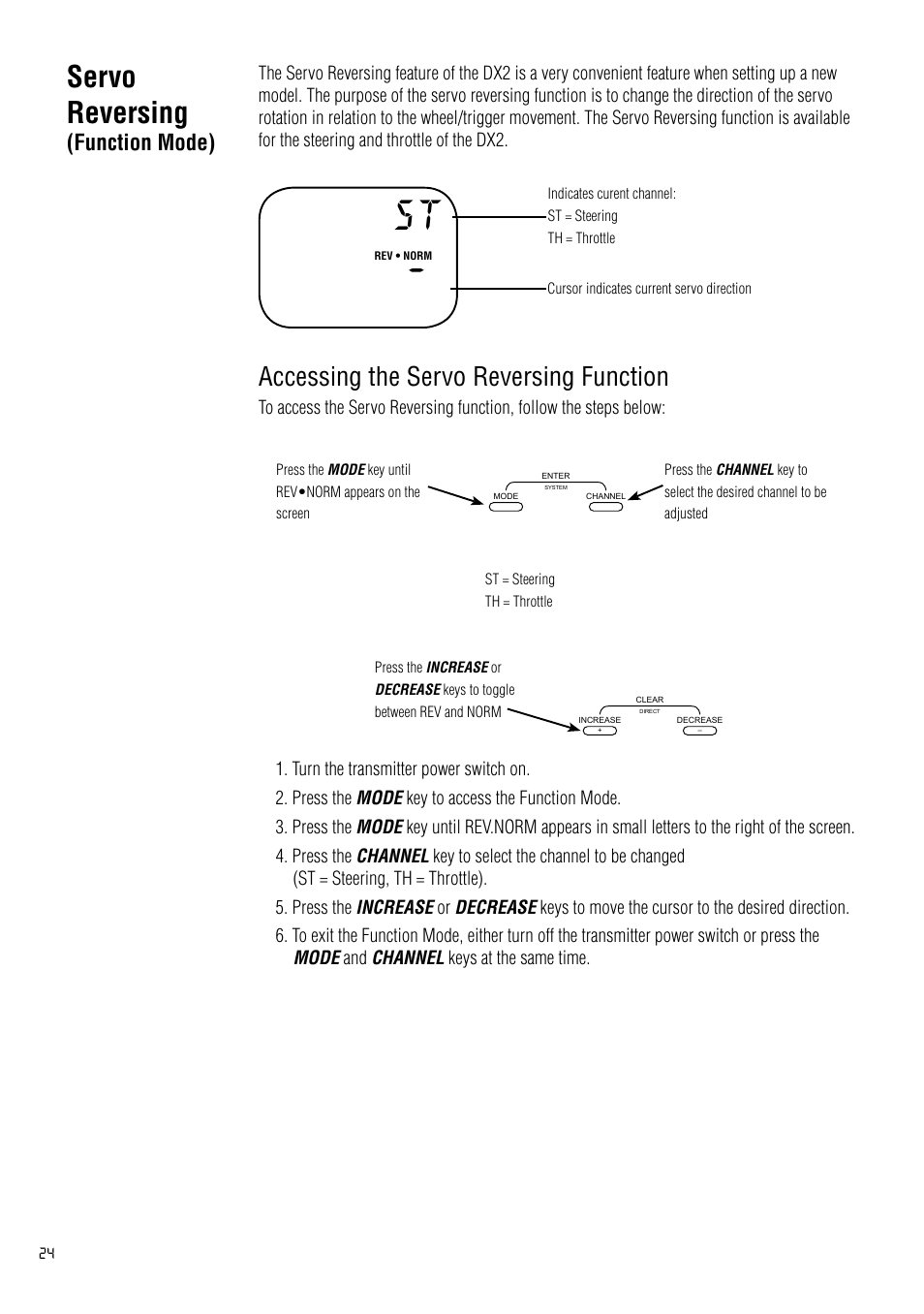 Servo reversing, Accessing the servo reversing function, Function mode) | Spektrum SPM2020 DX2 User Manual | Page 24 / 32