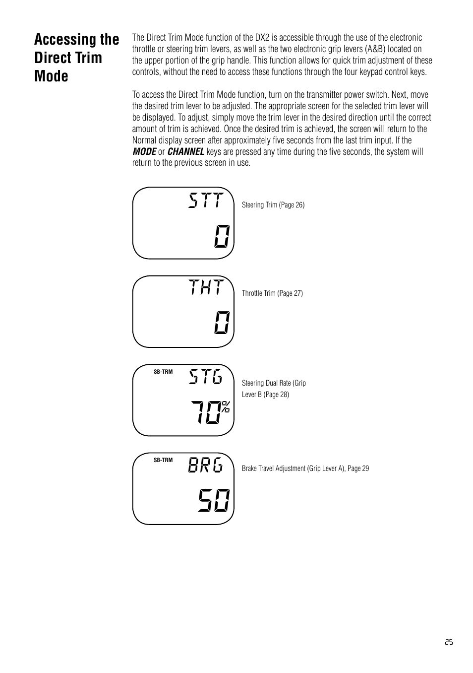 Accessing the direct trim mode | Spektrum SPM2020 DX2 User Manual | Page 25 / 32