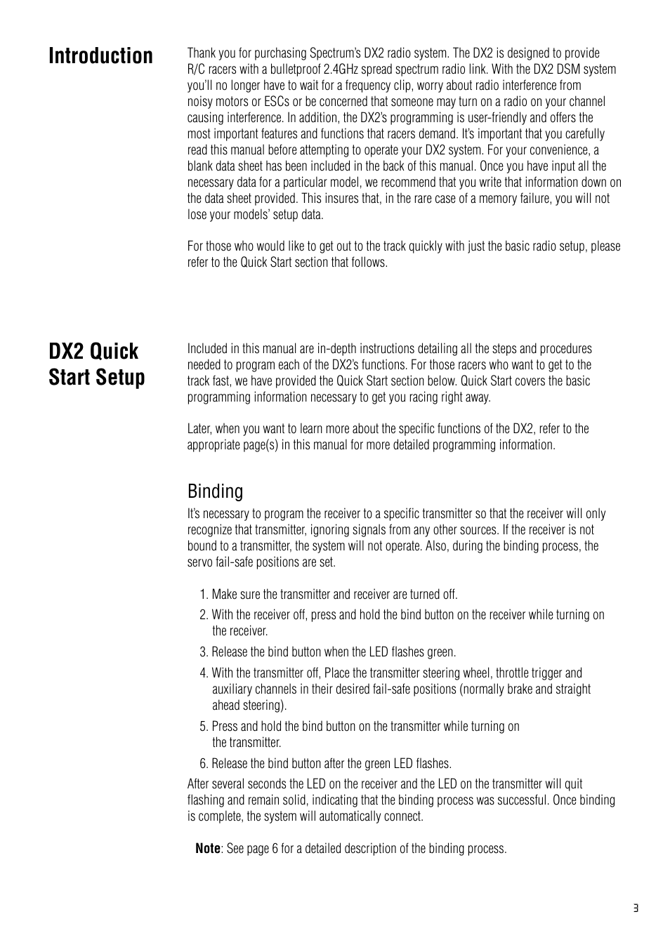 Dx2 quick start setup, Introduction, Binding | Spektrum SPM2020 DX2 User Manual | Page 3 / 32