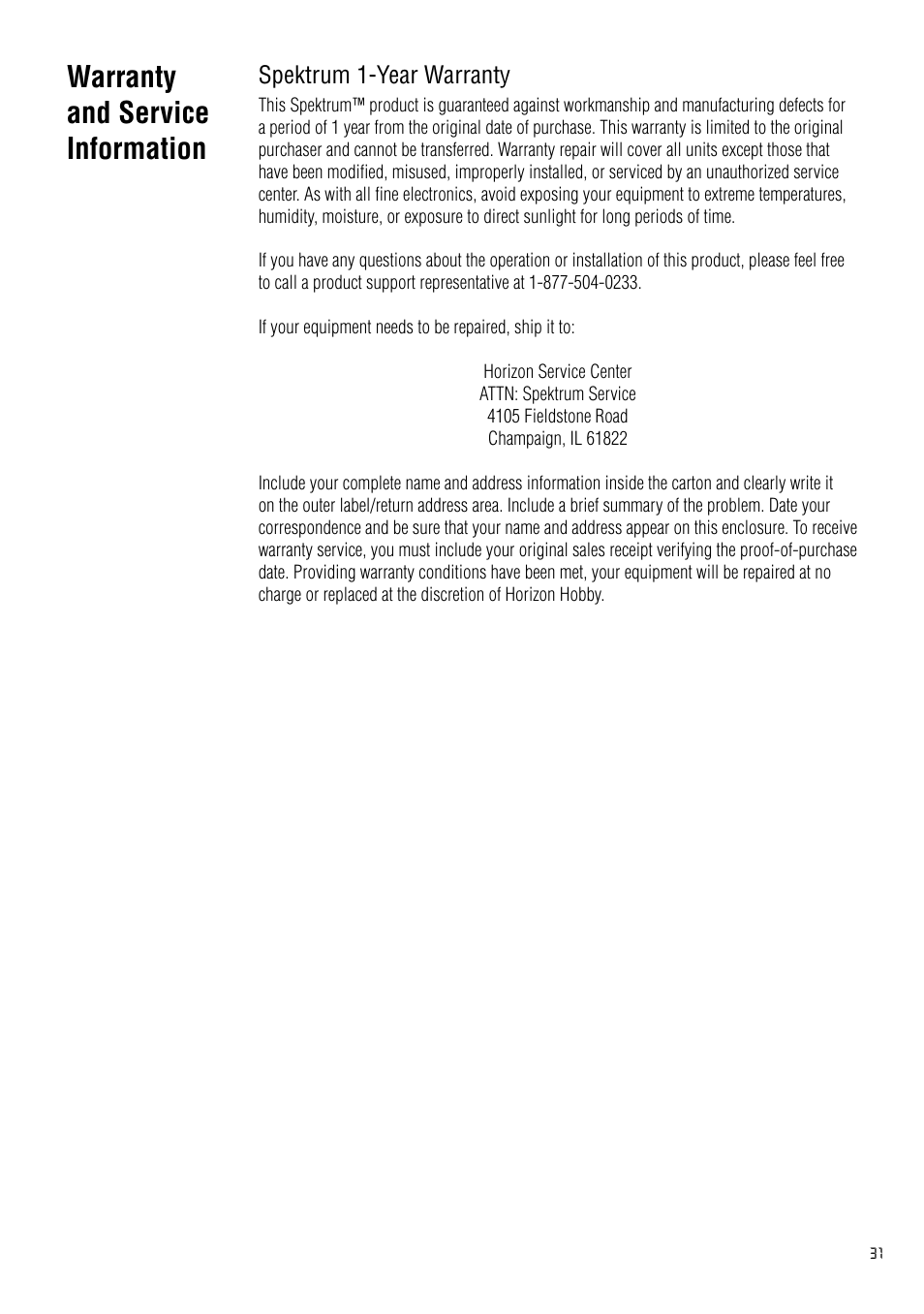 Warranty and service information, Spektrum 1-year warranty | Spektrum SPM2020 DX2 User Manual | Page 31 / 32