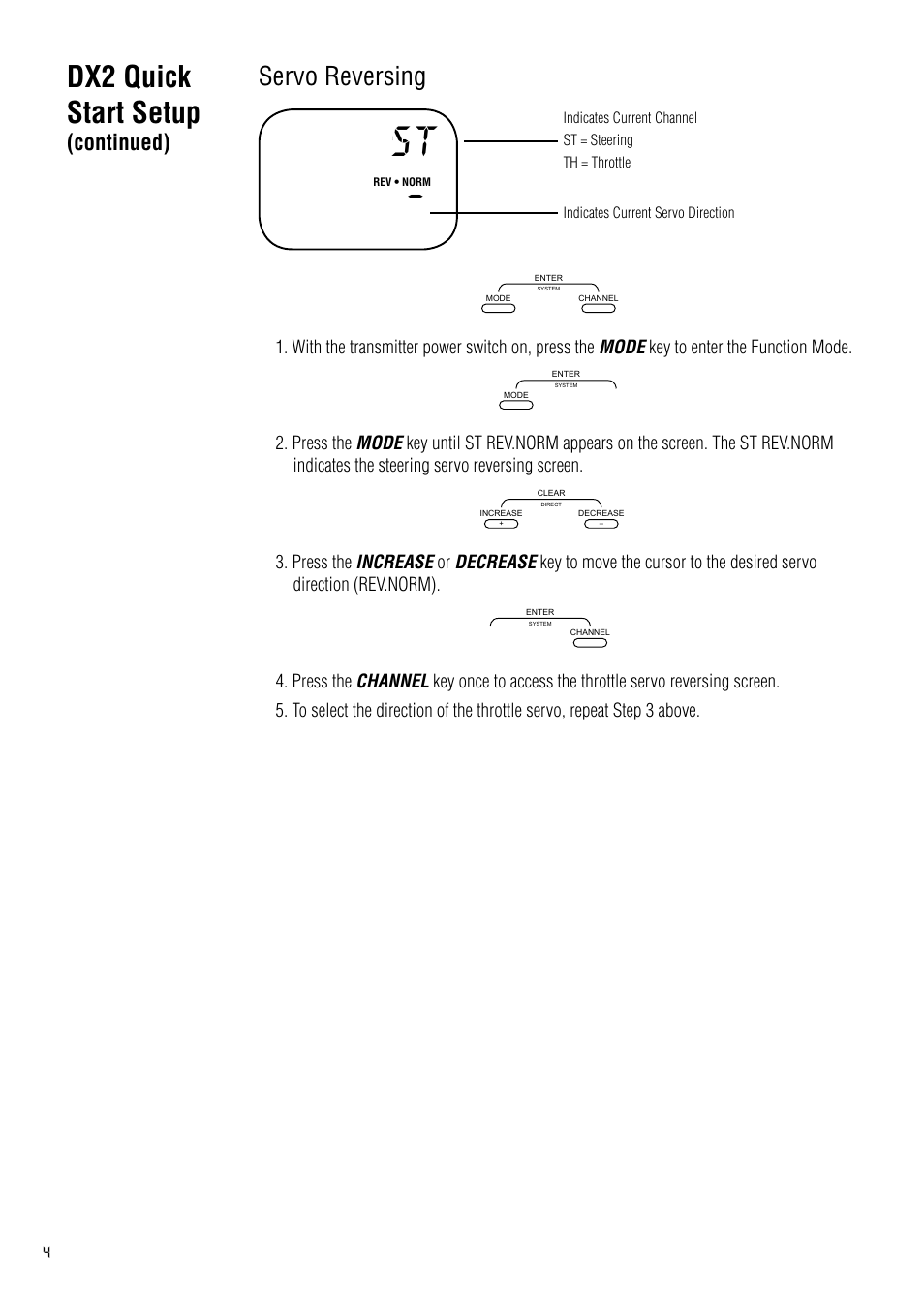 Dx2 quick start setup, Servo reversing, Continued) | Spektrum SPM2020 DX2 User Manual | Page 4 / 32