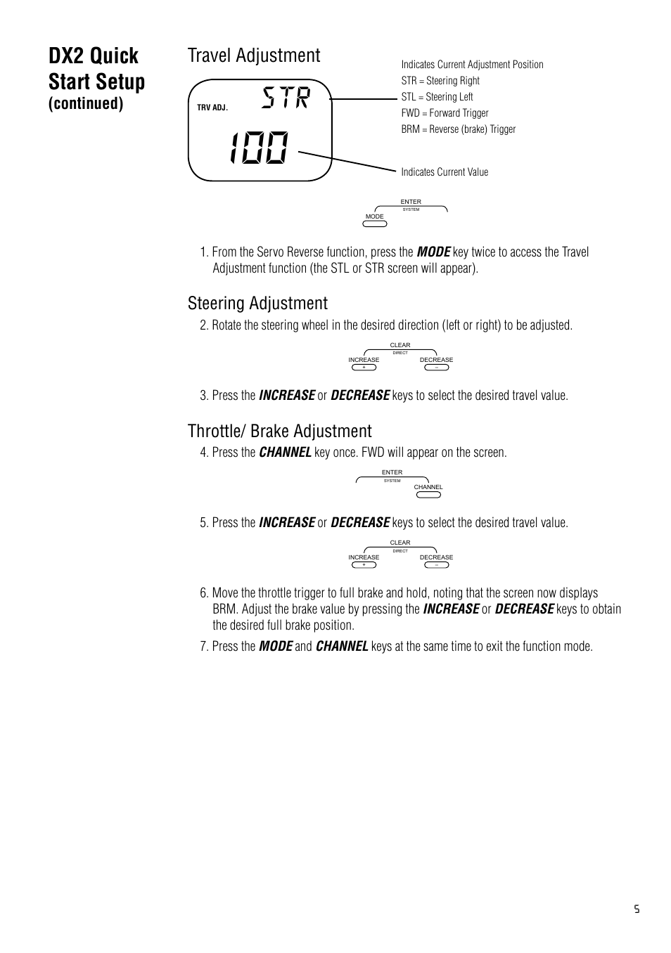 Dx2 quick start setup, Travel adjustment, Steering adjustment | Throttle/ brake adjustment, Continued) | Spektrum SPM2020 DX2 User Manual | Page 5 / 32