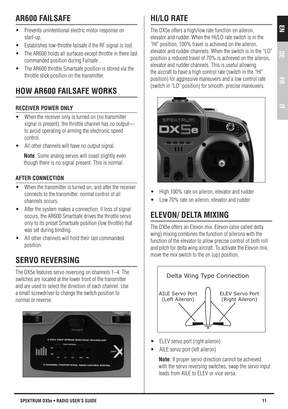 Ar600 failsafe, How ar600 failsafe works, Servo reversing | Hi/lo rate, Elevon/ delta mixing | Spektrum SPMR55201 DX5e User Manual | Page 11 / 19