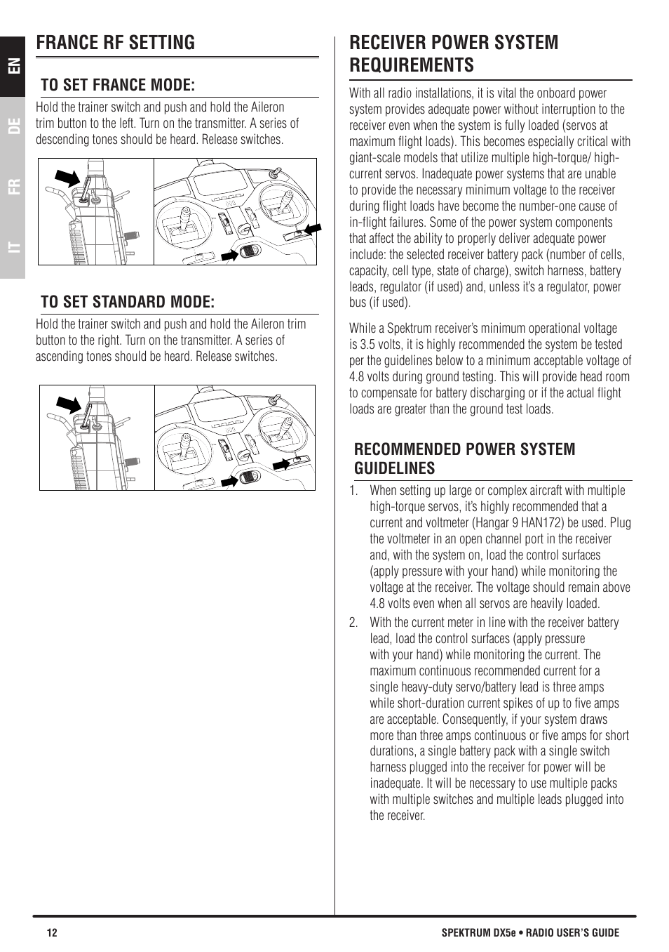 France rf setting, Receiver power system requirements | Spektrum SPMR55201 DX5e User Manual | Page 12 / 19