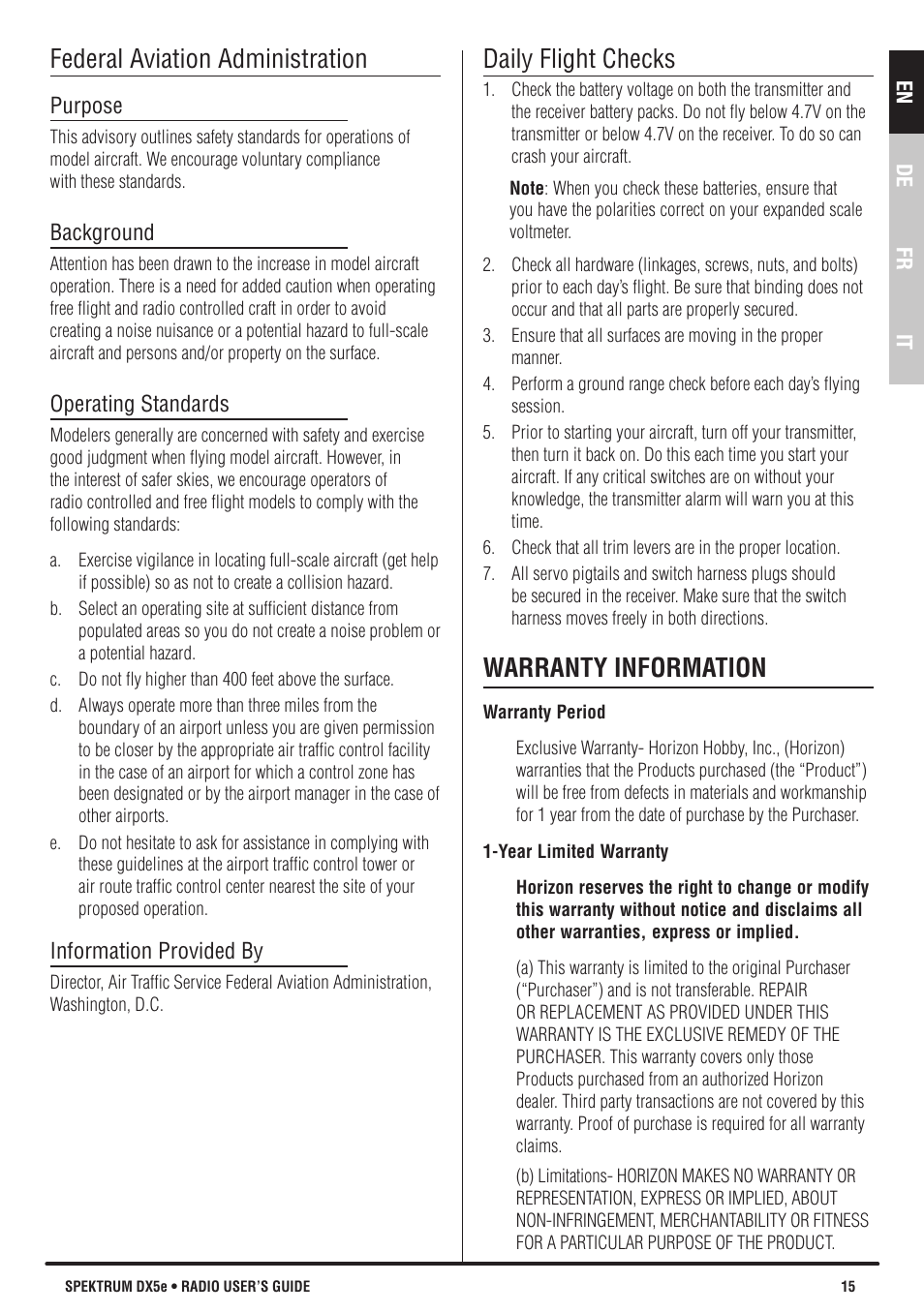 Federal aviation administration, Daily flight checks, Warranty information | Spektrum SPMR55201 DX5e User Manual | Page 15 / 19