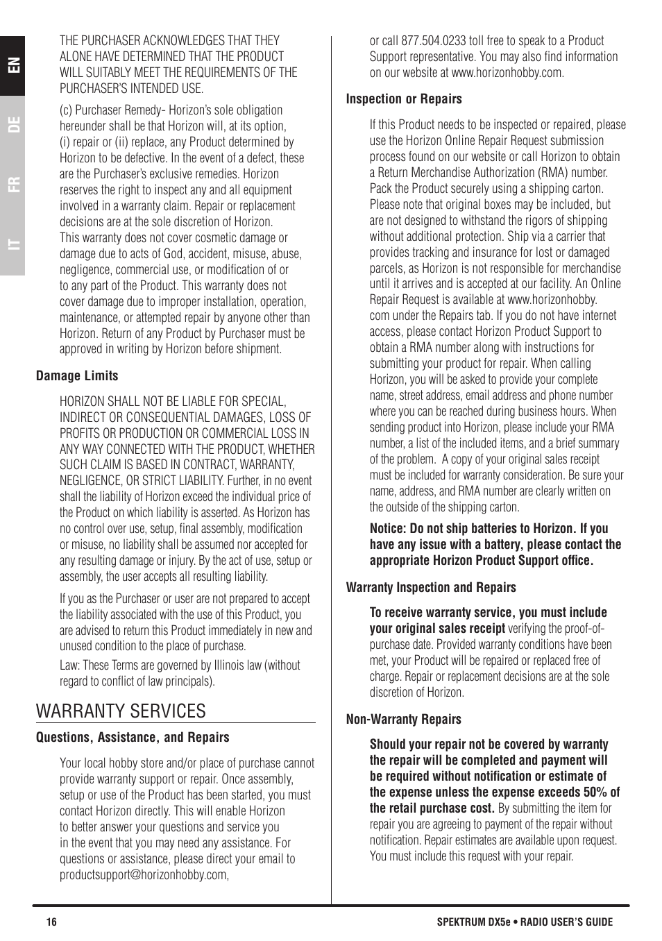 Warranty services | Spektrum SPMR55201 DX5e User Manual | Page 16 / 19