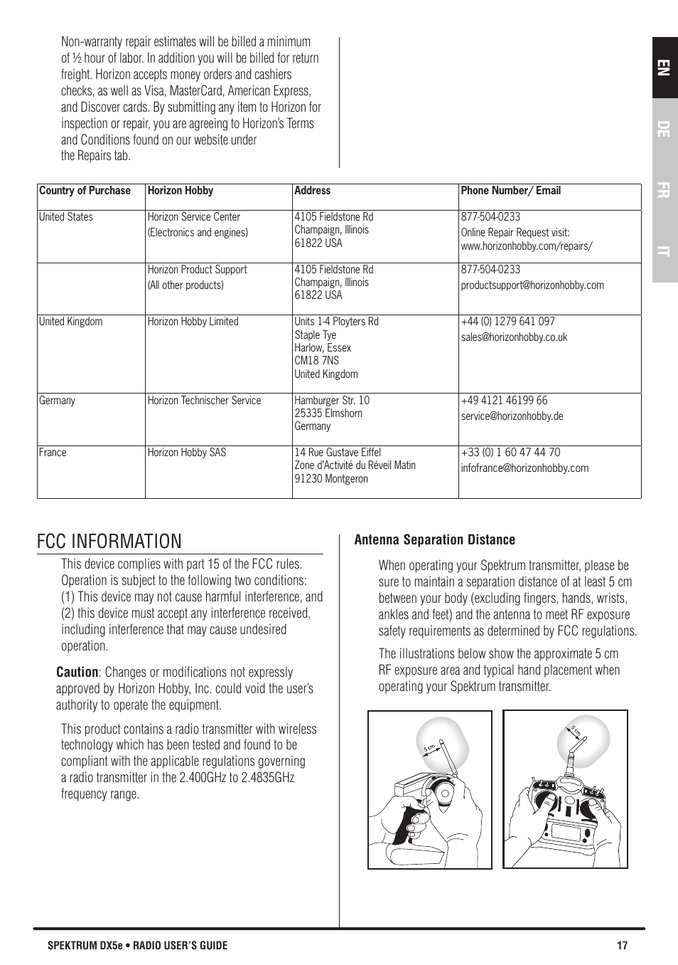 Fcc information, En de fr it | Spektrum SPMR55201 DX5e User Manual | Page 17 / 19