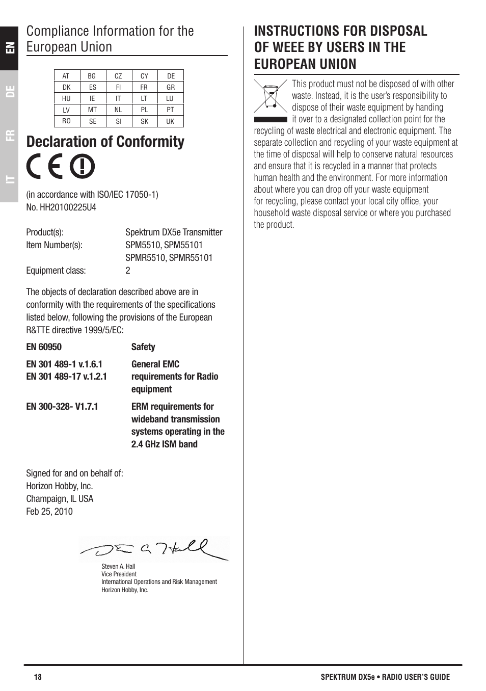 Declaration of conformity, Compliance information for the european union, En de fr it | Spektrum SPMR55201 DX5e User Manual | Page 18 / 19