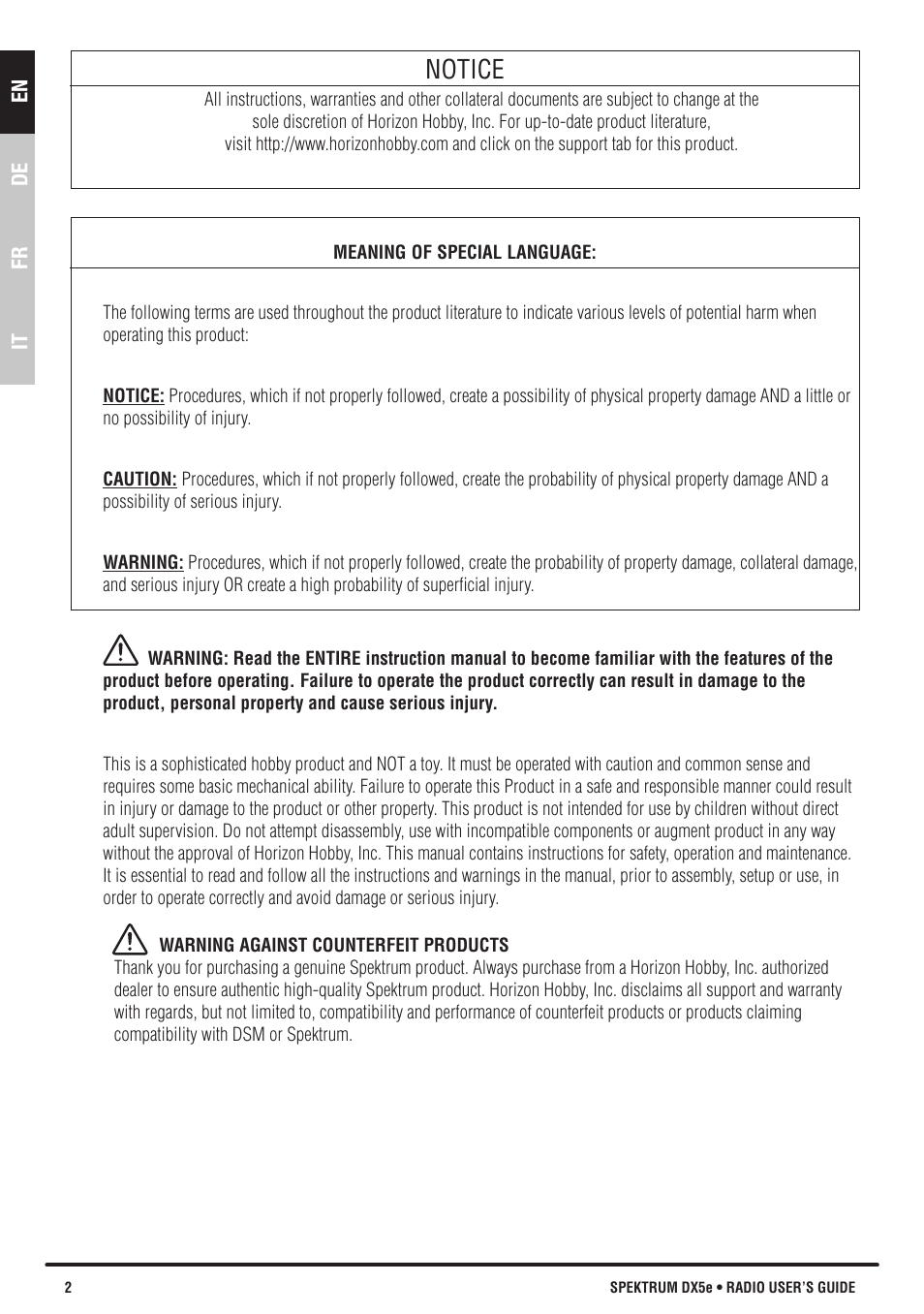 Notice | Spektrum SPMR55201 DX5e User Manual | Page 2 / 19
