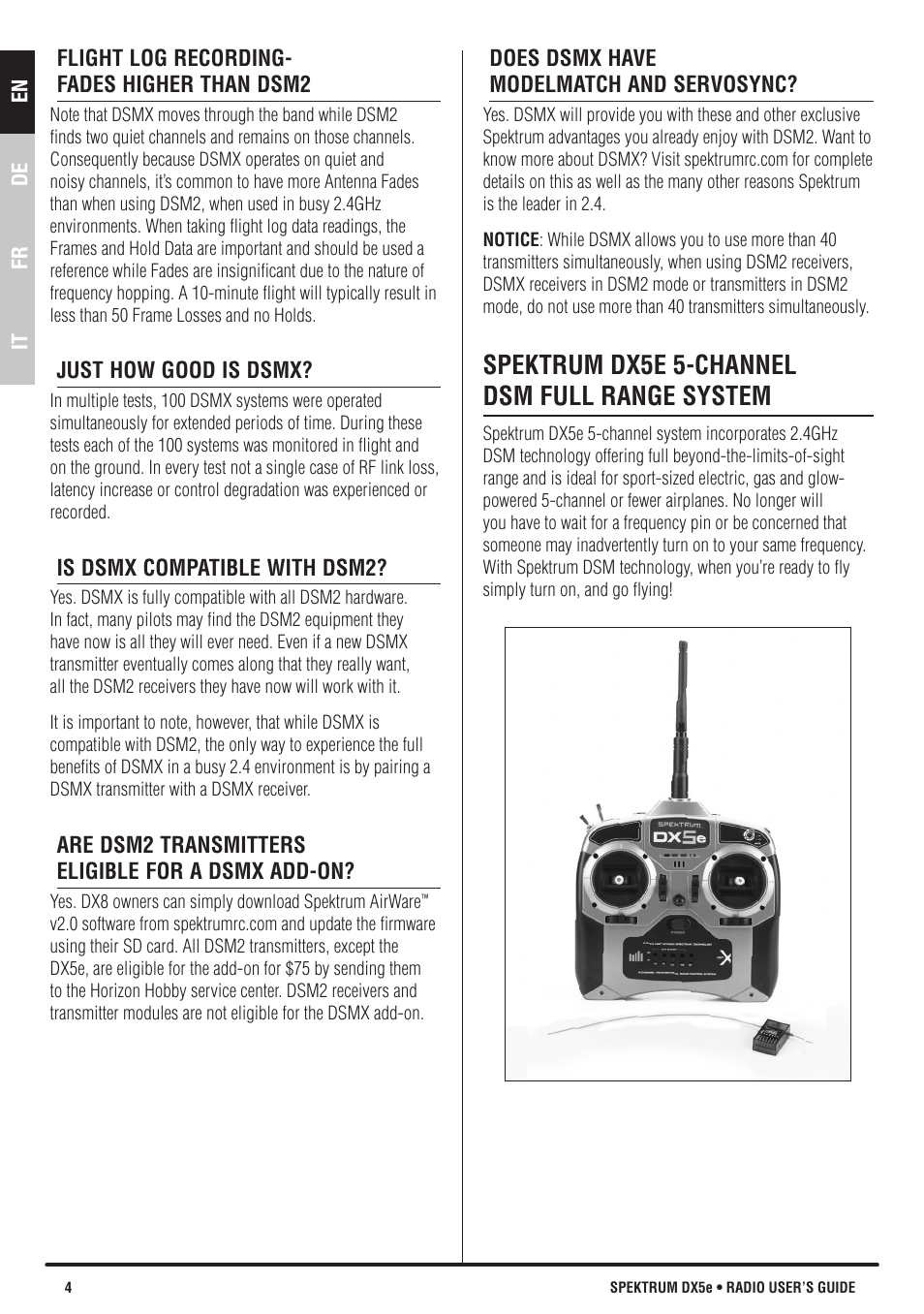 Spektrum dx5e 5-channel dsm full range system | Spektrum SPMR55201 DX5e User Manual | Page 4 / 19