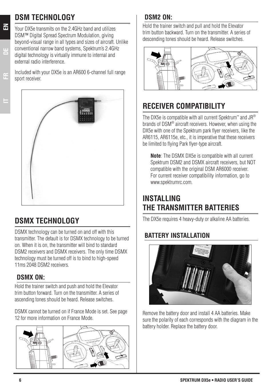 Dsm technology, Dsmx technology, Receiver compatibility | Installing the transmitter batteries | Spektrum SPMR55201 DX5e User Manual | Page 6 / 19