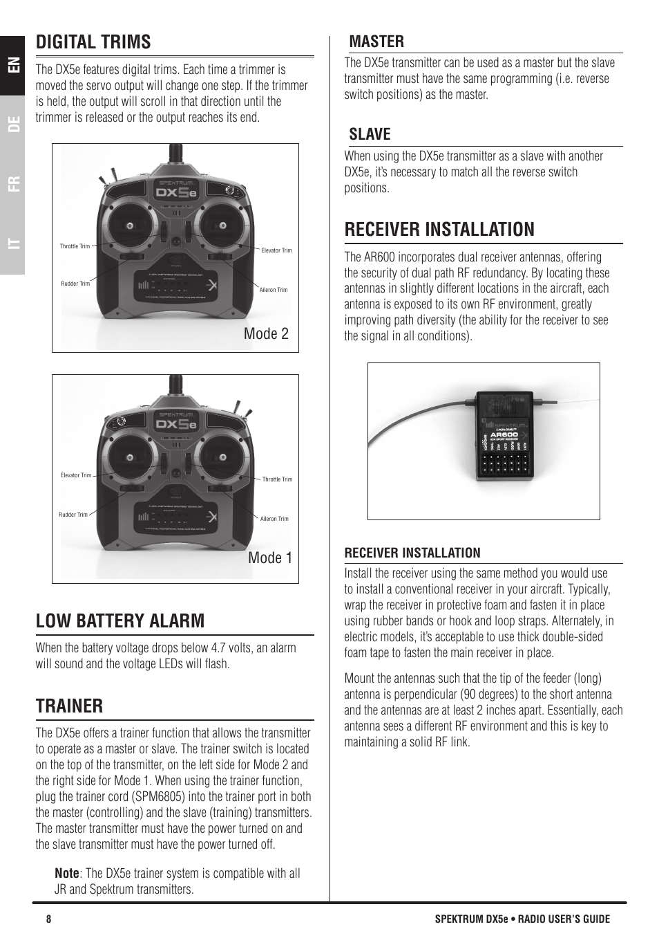 Digital trims, Low battery alarm, Trainer | Receiver installation, En de fr it, Mode 2, Mode 1, Master, Slave | Spektrum SPMR55201 DX5e User Manual | Page 8 / 19