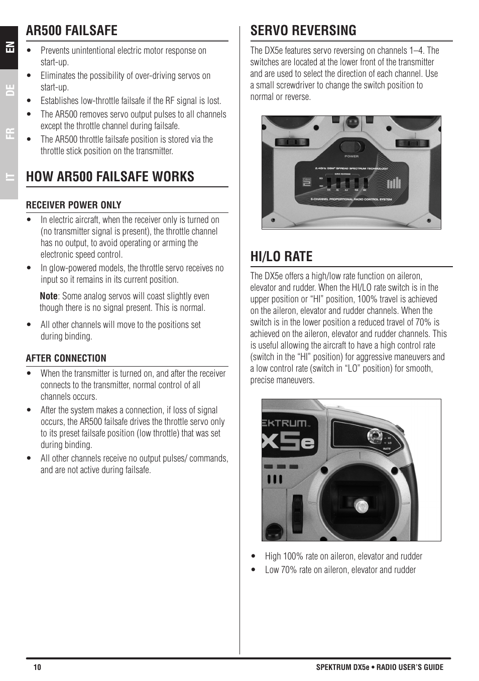Ar500 failsafe, How ar500 failsafe works, Servo reversing | Hi/lo rate | Spektrum SPMR55001 DX5e Manual User Manual | Page 10 / 67
