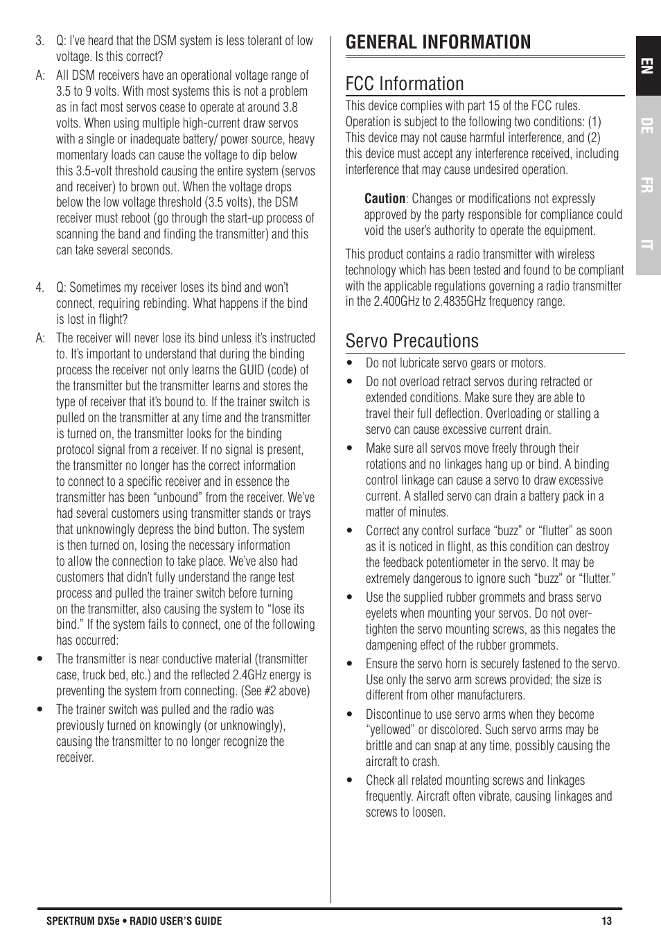 General information fcc information, Servo precautions | Spektrum SPMR55001 DX5e Manual User Manual | Page 13 / 67