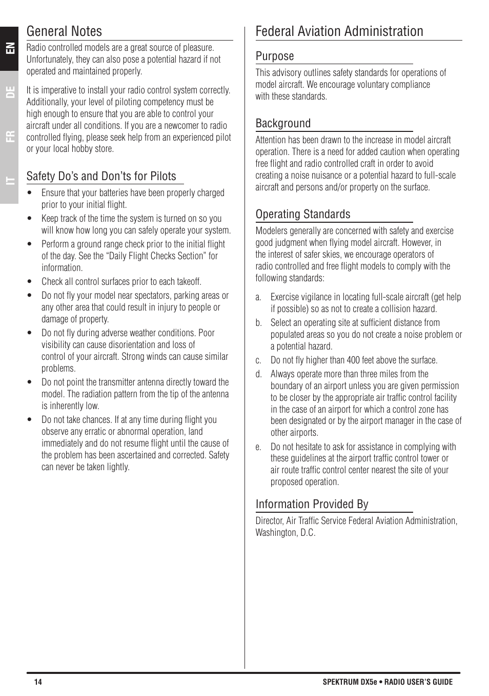 Federal aviation administration | Spektrum SPMR55001 DX5e Manual User Manual | Page 14 / 67