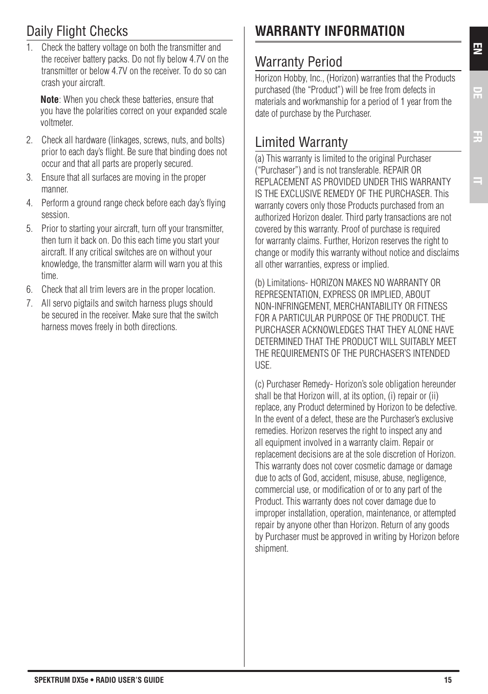Daily flight checks, Warranty information warranty period, Limited warranty | Spektrum SPMR55001 DX5e Manual User Manual | Page 15 / 67