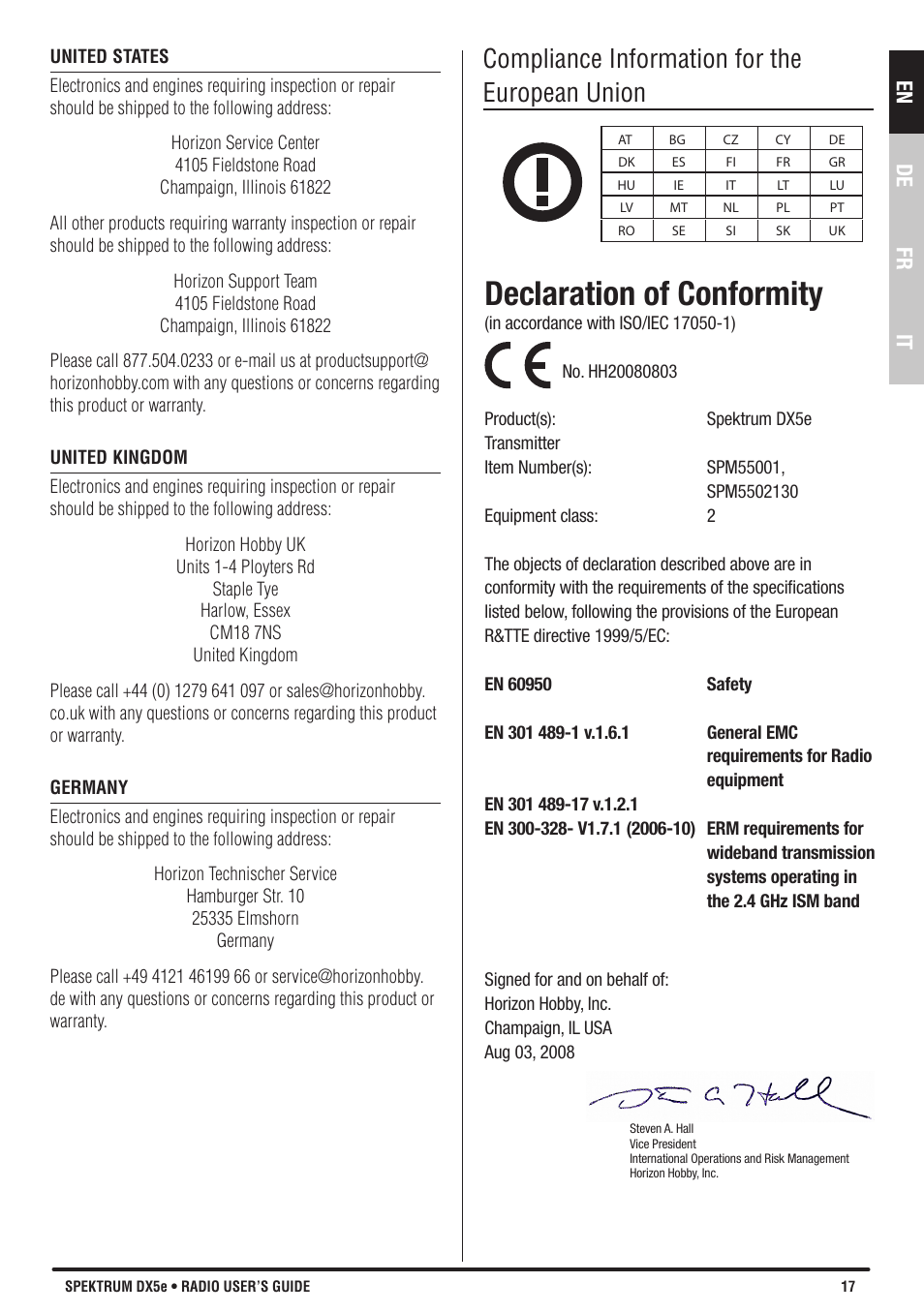 Declaration of conformity, Compliance information for the european union, En de fr it | Spektrum SPMR55001 DX5e Manual User Manual | Page 17 / 67
