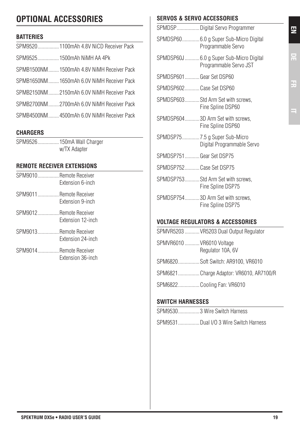 Optional accessories | Spektrum SPMR55001 DX5e Manual User Manual | Page 19 / 67