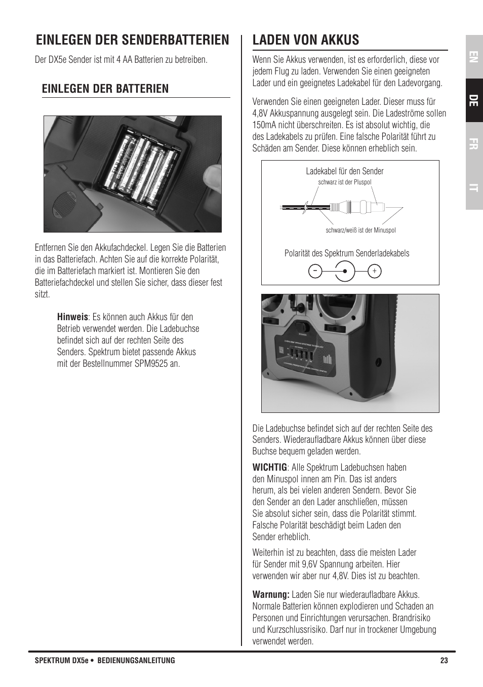 Einlegen der senderbatterien, Laden von akkus | Spektrum SPMR55001 DX5e Manual User Manual | Page 23 / 67