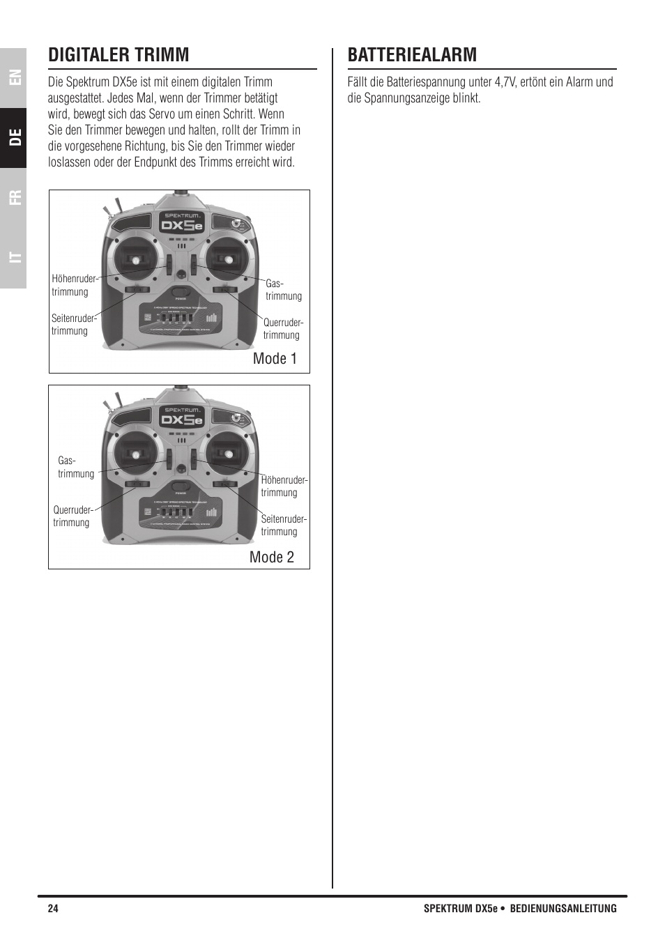 Digitaler trimm, Batteriealarm, En de fr it | Spektrum SPMR55001 DX5e Manual User Manual | Page 24 / 67