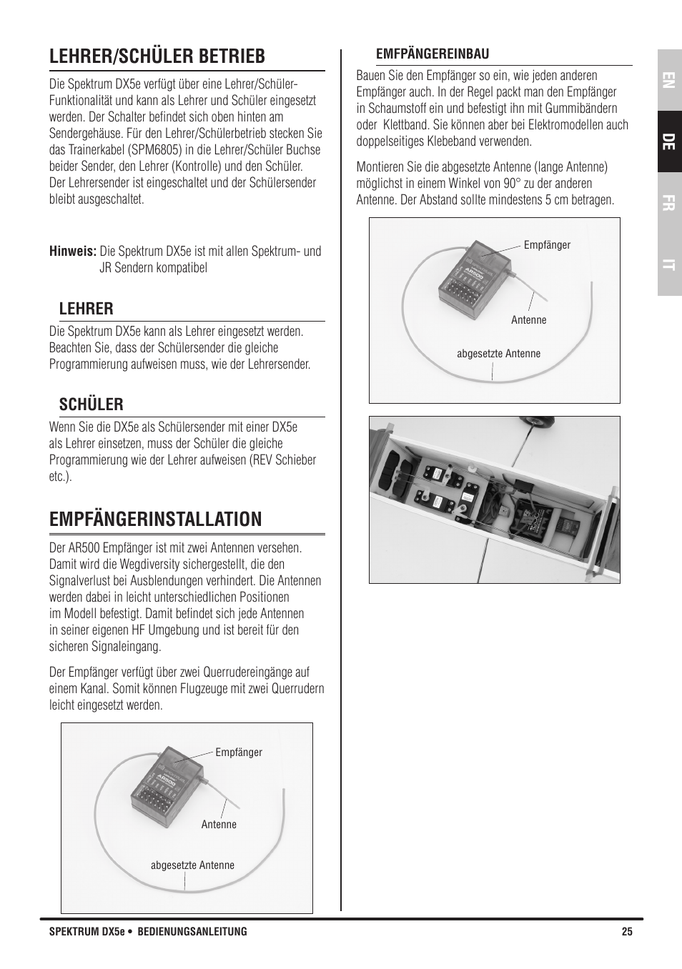 Lehrer/schüler betrieb, Empfängerinstallation | Spektrum SPMR55001 DX5e Manual User Manual | Page 25 / 67