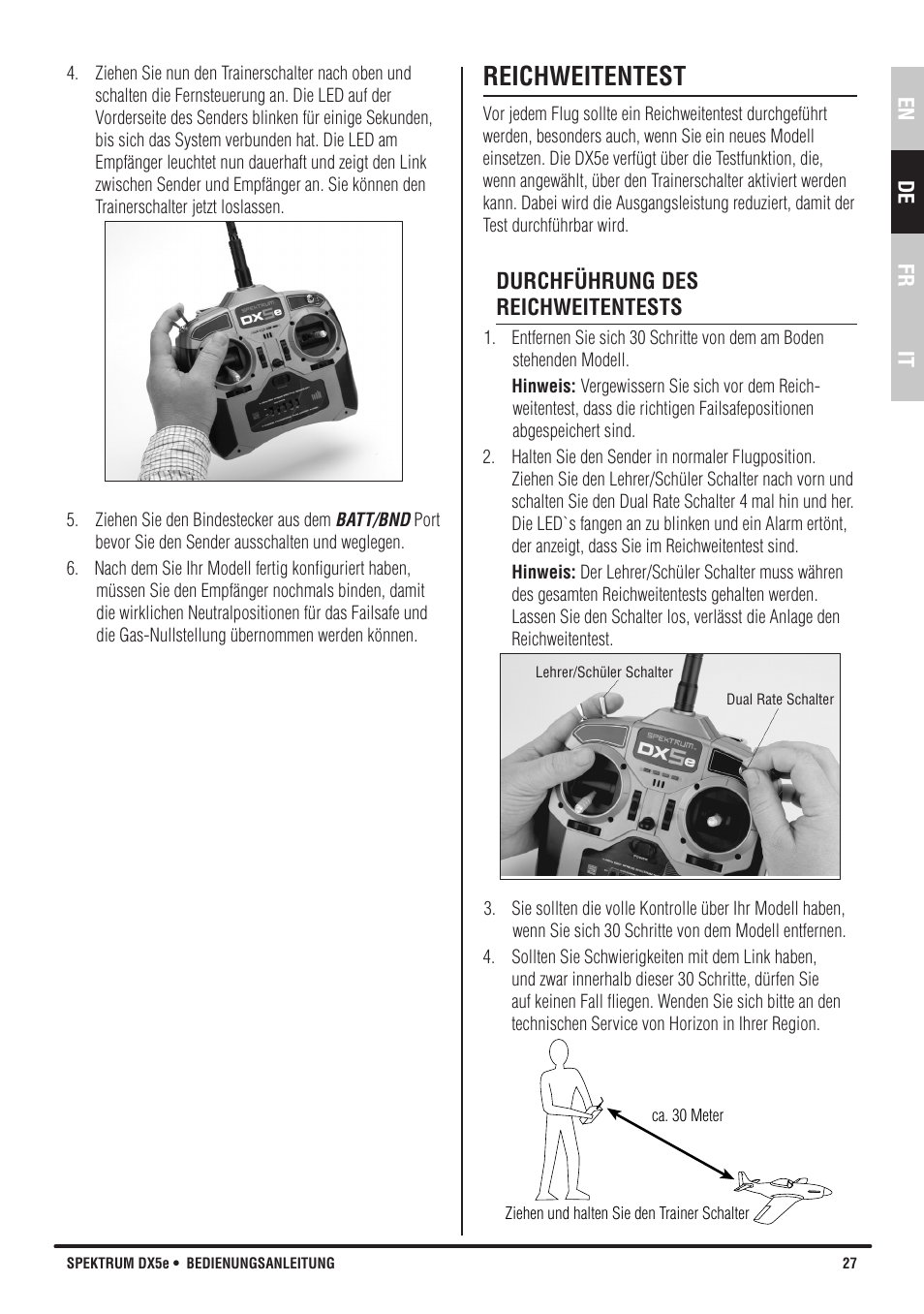 Reichweitentest | Spektrum SPMR55001 DX5e Manual User Manual | Page 27 / 67