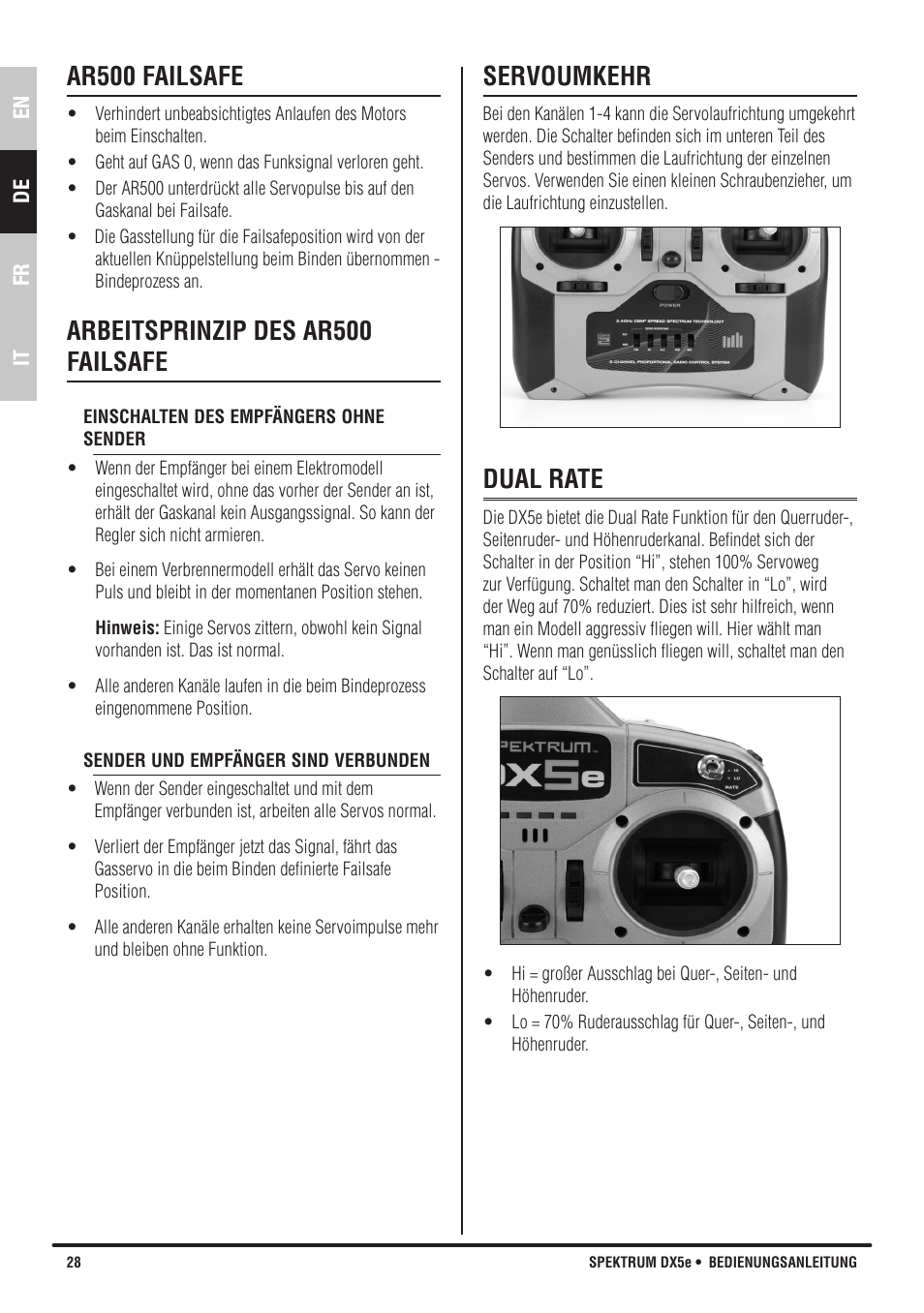 Ar500 failsafe, Arbeitsprinzip des ar500 failsafe, Servoumkehr | Dual rate | Spektrum SPMR55001 DX5e Manual User Manual | Page 28 / 67