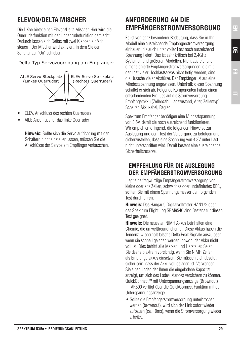 Elevon/delta mischer, Anforderung an die empfängerstromversorgung | Spektrum SPMR55001 DX5e Manual User Manual | Page 29 / 67