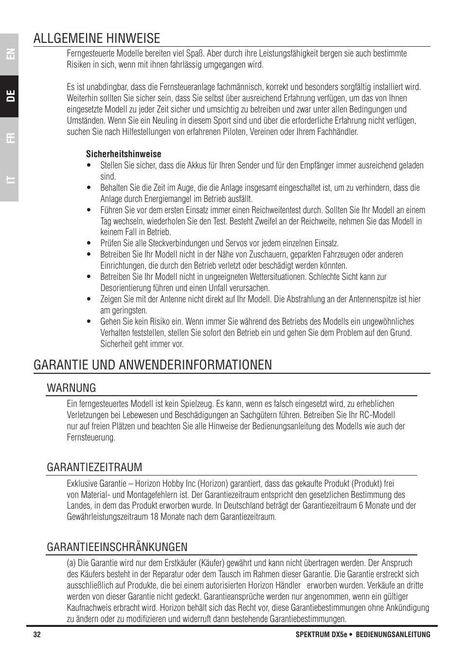 Allgemeine hinweise, Garantie und anwenderinformationen | Spektrum SPMR55001 DX5e Manual User Manual | Page 32 / 67