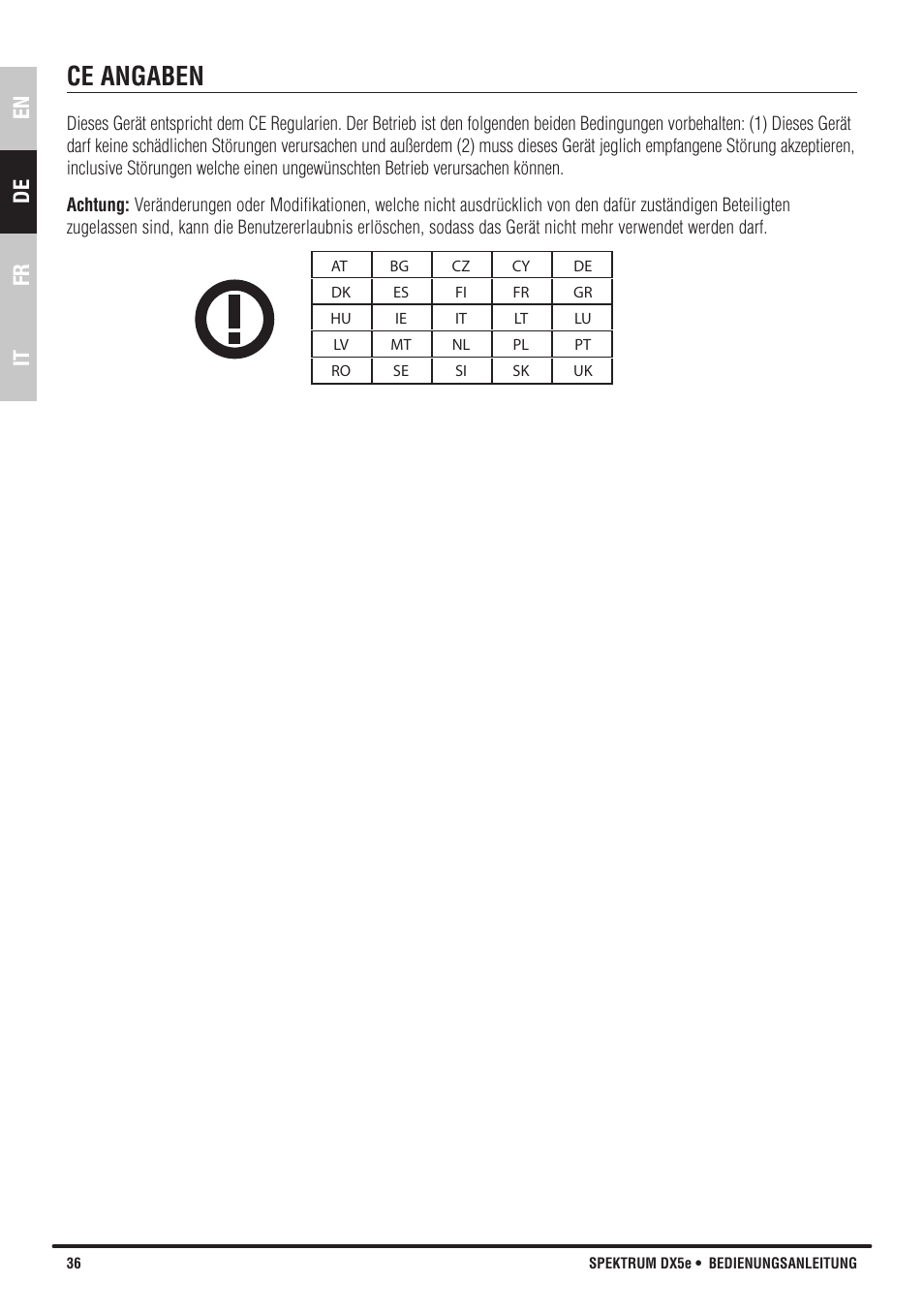 Ce angaben, En de fr it | Spektrum SPMR55001 DX5e Manual User Manual | Page 36 / 67