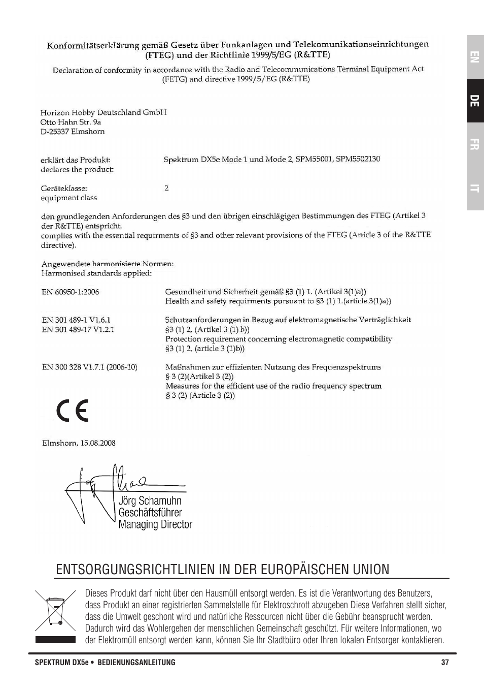 Entsorgungsrichtlinien in der europäischen union | Spektrum SPMR55001 DX5e Manual User Manual | Page 37 / 67