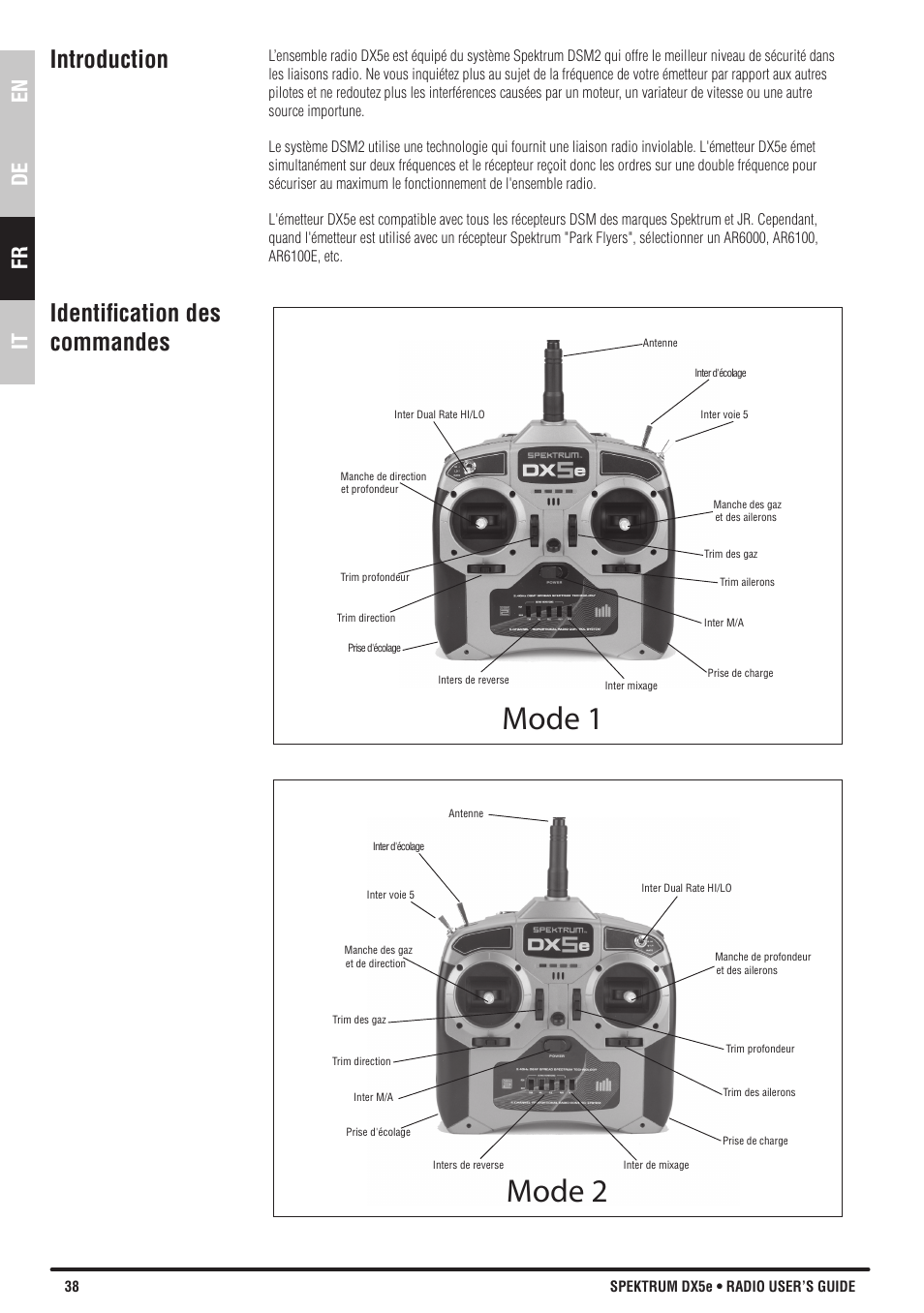 Mode 1, Mode 2, Introduction identification des commandes | En de fr it | Spektrum SPMR55001 DX5e Manual User Manual | Page 38 / 67