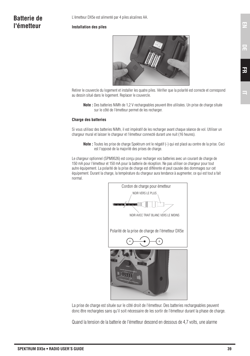 Batterie de l'émetteur, En de fr it | Spektrum SPMR55001 DX5e Manual User Manual | Page 39 / 67