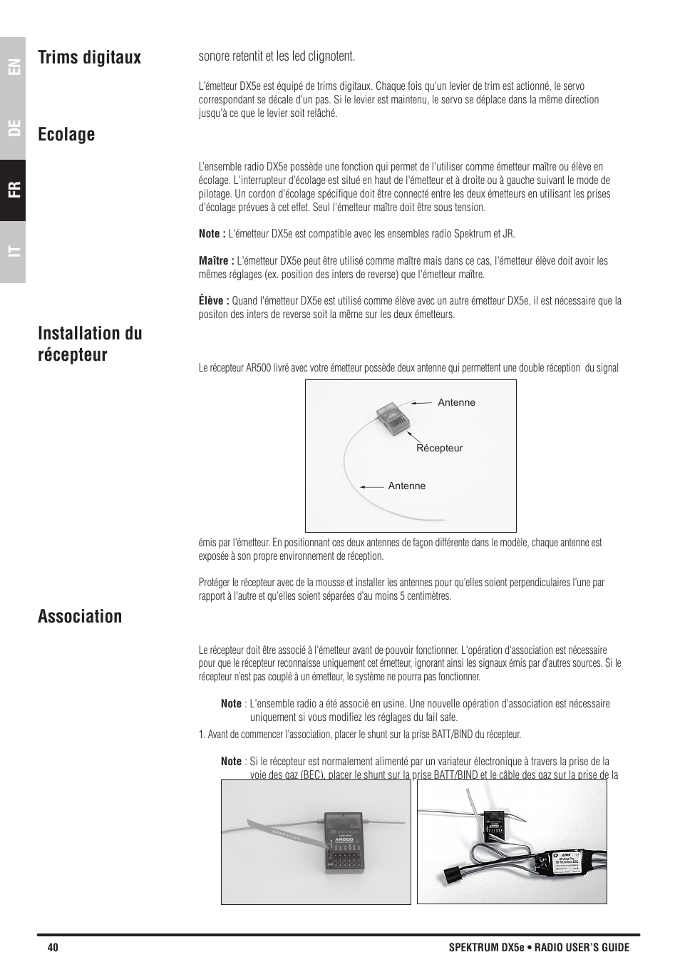 Trims digitaux ecolage installation du récepteur, Association, En de fr it | Spektrum SPMR55001 DX5e Manual User Manual | Page 40 / 67
