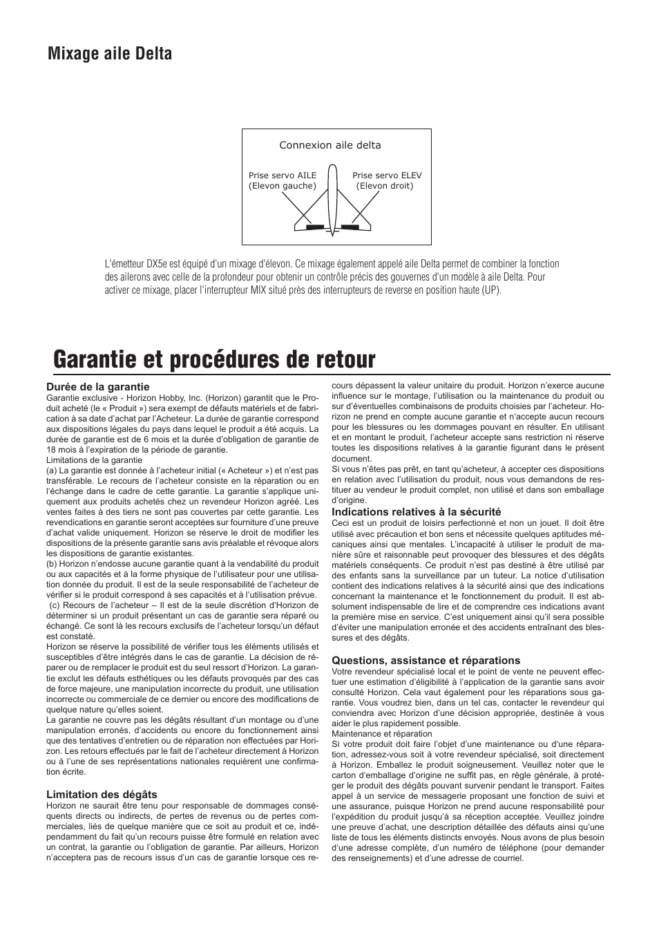 Garantie et procédures de retour, Mixage aile delta | Spektrum SPMR55001 DX5e Manual User Manual | Page 43 / 67