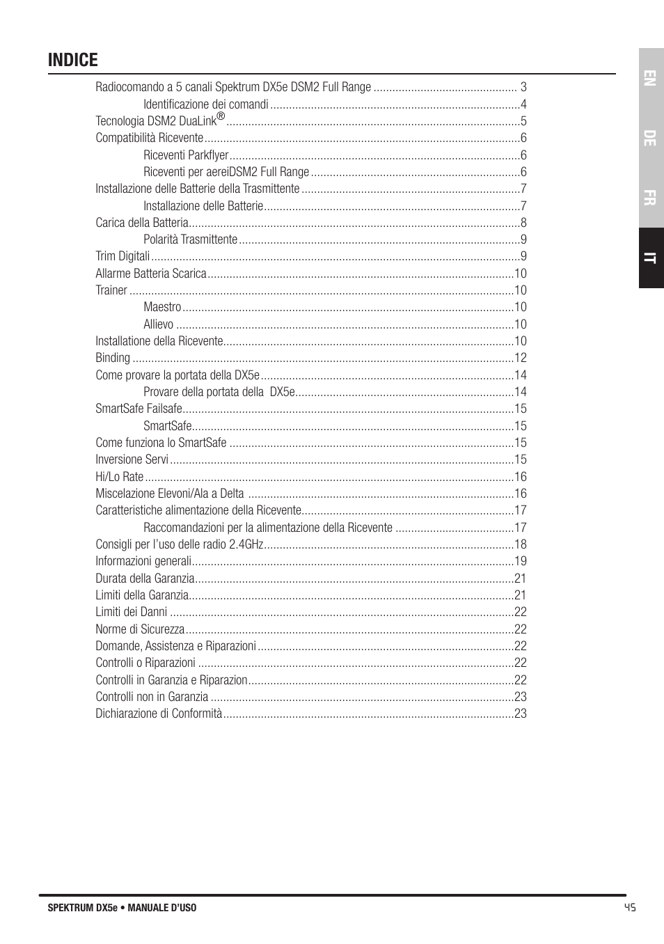 Indice | Spektrum SPMR55001 DX5e Manual User Manual | Page 45 / 67